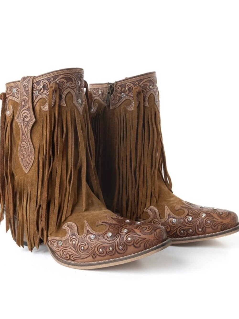 Goldrush Gleam Fringed Handtooled Leather Boots in Dusty Oak - Picture 2 of 3